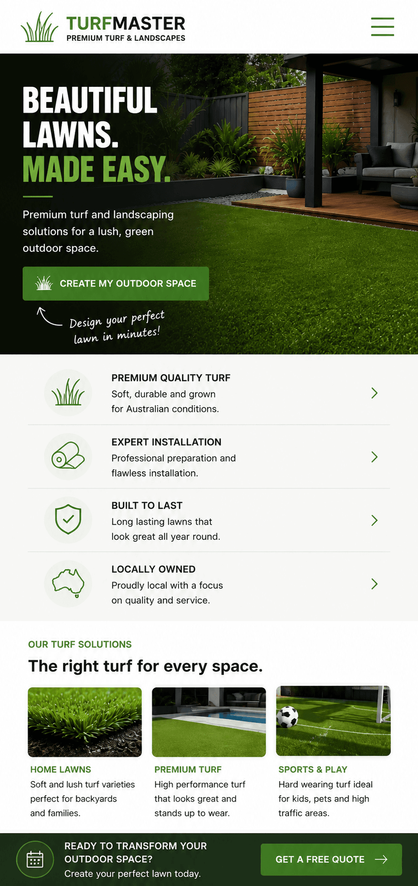 Mobile responsive integration example of PREJECT AI Planner on TurfMaster Landscapes mobile website